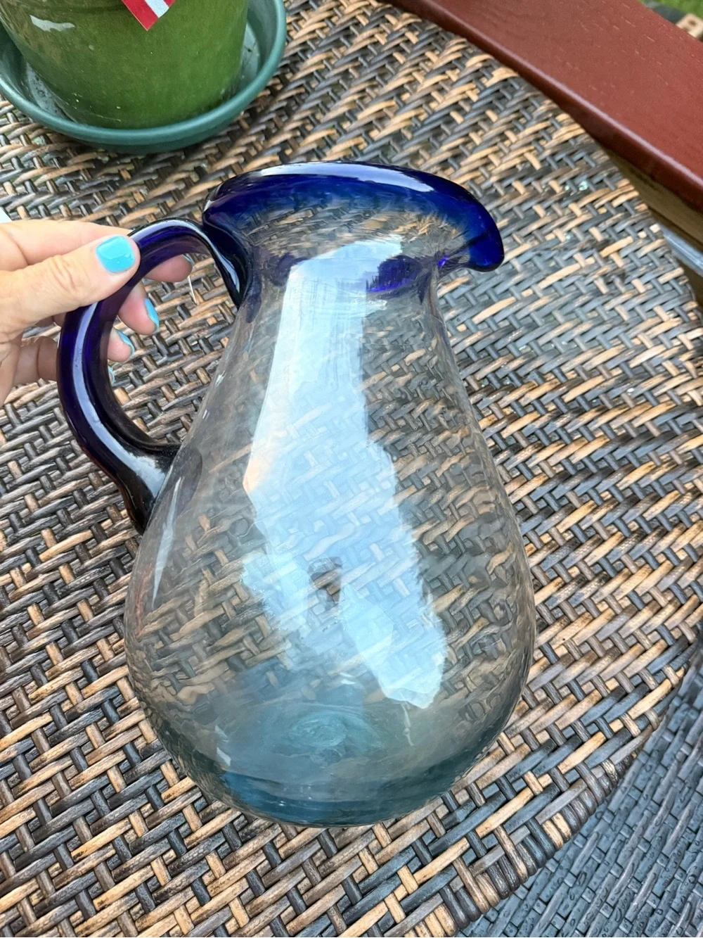 Handblown Glass Pitcher with Cobalt Blue Rim & Handle 10” tall